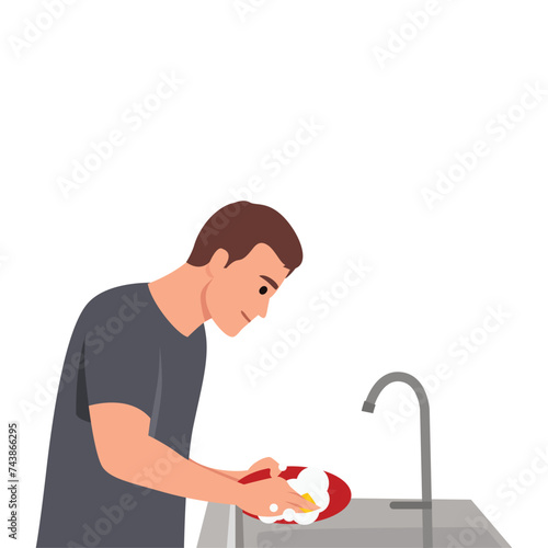 Washing dishes and housework concept. Young smiling man cartoon character standing washing dishes. Flat vector illustration isolated on white background