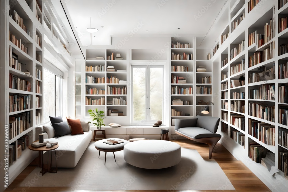 A tranquil reading nook with minimalist bookshelves and comfy seating