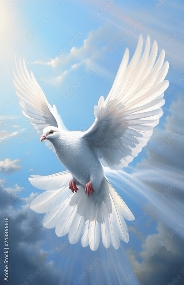 Beautiful white dove fly and flaps its wings in the blue sky with God-blessed light created with Generative AI Technology 