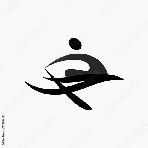 Vector icon of a rower sitting in a boat. Illustration of a rower holding an oar above his head. Rowing flat icon, pictogram. Sports events and competitions.