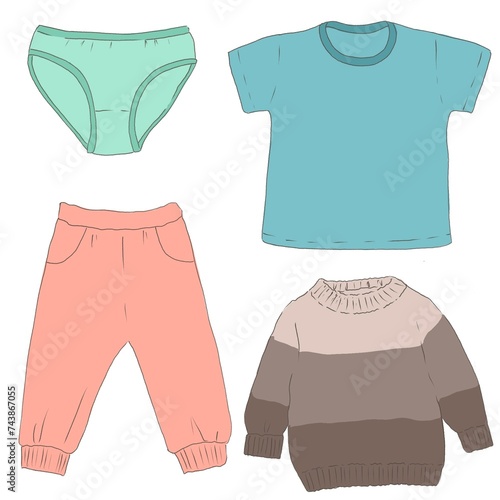 UntitleChildren's, sweater, t-shirt, clothes, pens, pants on a white background, illustration for childrend Artwork photo