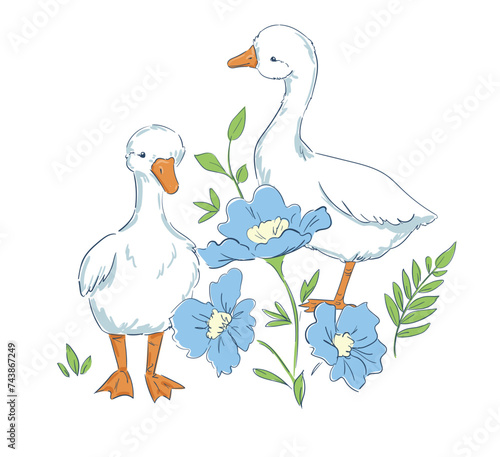 Hand drawn cute goose and flowers background vector illustration floral frame