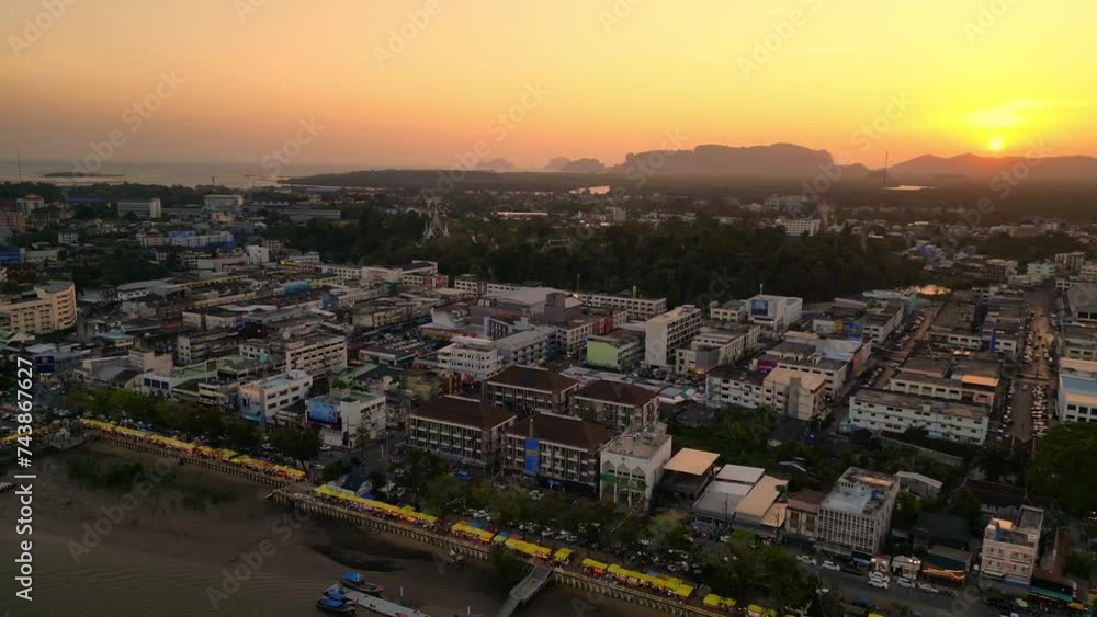 sunset asia city krabi river town thailand. Perfect aerial top view flight drone sunset asia city krabi river town thailand. Perfect aerial top view flight drone
