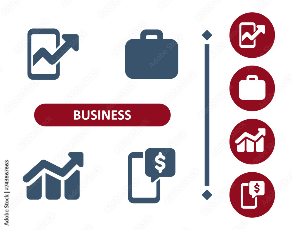 Business icons. Investment, investing, smartphone, mobile phone, suitcase, briefcase, graph, chart icon Business icons. Investment, investing, smartphone, mobile phone, suitcase, briefcase, graph, chart icon