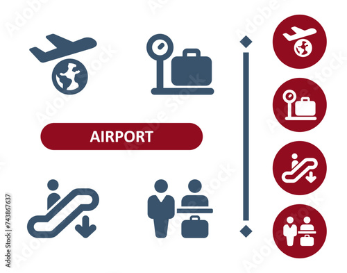 Airport Icons. Travel, Tourism, Plane, Earth, Luggage, Baggage, Tourist, Check-in Counter Icon