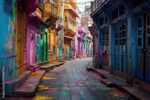 An empty street is bathed in the soft light of morning, its surface adorned with vibrant colors from the Holi festival, exuding a serene post-celebration atmosphere