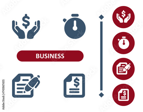 Business icons. Investment, investing, hands, dollar, timer, stopwatch, contract, tax form icon