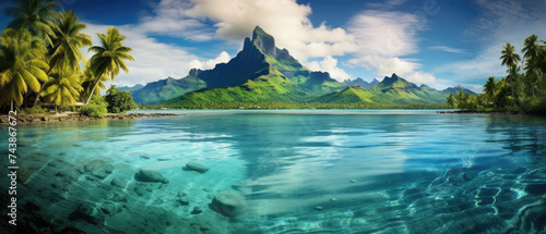 Beautiful landscape views of green mountains, wide blue ocean, bridges and traditional houses in Bora Bora island French Polynesia created with Generative AI Technology