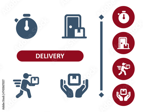 Delivery icons. Delivery man, courier, timer, stopwatch, door, box, package, hands, delivering icon
