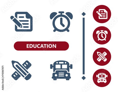 Education icons. School, test paper, writing, alarm clock, pencil, ruler, school bus icon