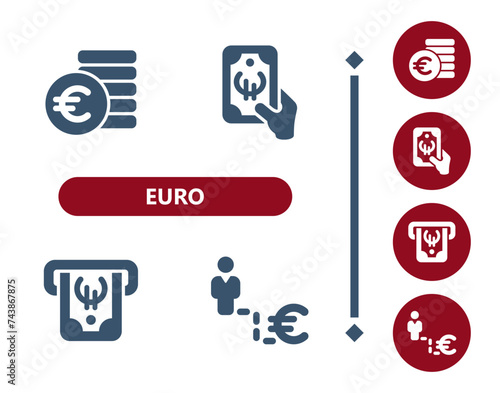 Euro icons. Coins, coin, cash, money, Euro bill, banknote, ATM, job, career, businessman icon