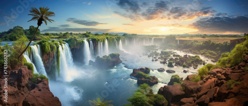 Wide landscape Beautiful view of Iguazu Falls waterfall in Argentina and Brazil with green high cliffs created with Generative AI Technology photo