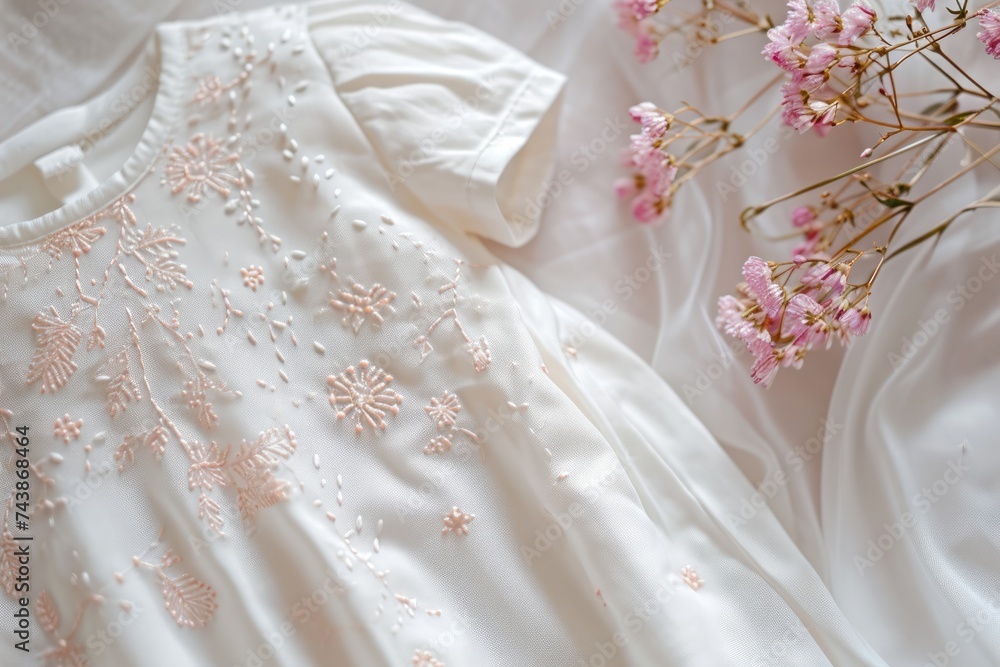 A close-up details of a white baby dress with exquisite floral embroidery, displayed in a natural setting with soft lighting A close-up details of a white baby dress with exquisite floral embroidery, displayed in a natural setting with soft lighting