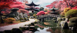 Beautiful landscape view of ancient palace garden with wooden temple, blooming pink cherry blossoms, wooden bridge and calm pond in Kyoto Japan created with Generative AI Technology