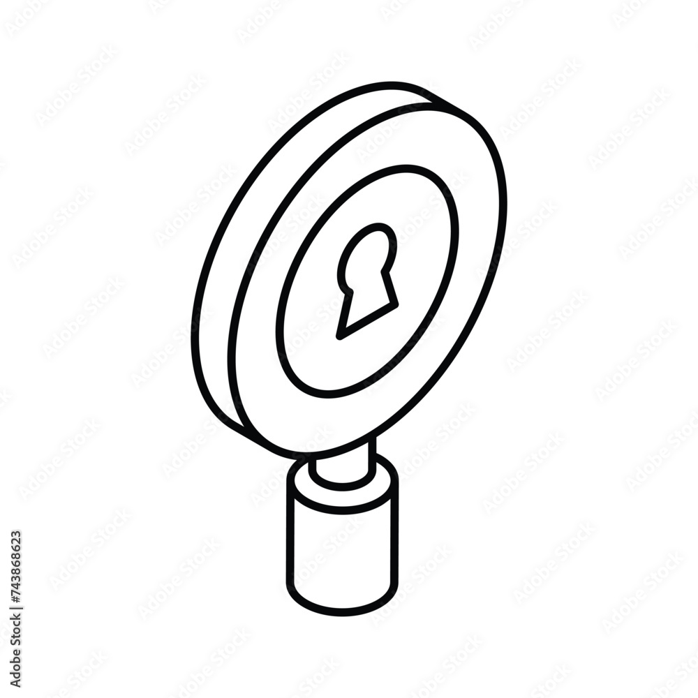 Keyhole on magnifier showing concept isometric icon of security search Keyhole on magnifier showing concept isometric icon of security search