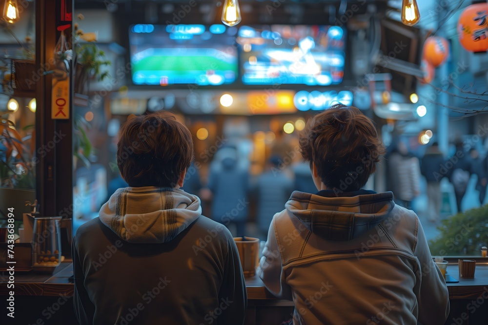 back view of, Young male friends watching football match on TV back view of, Young male friends watching football match on TV