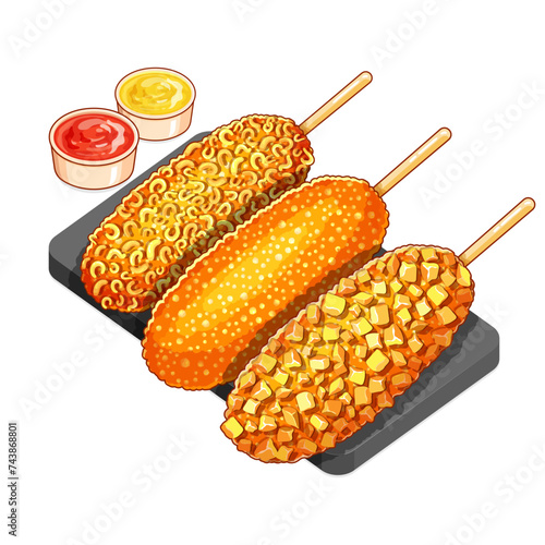 Korean corn dog sausage recipe illustration vector. Korean style french fries corn dog (Gamja-hotdog). Crispy ramen noodle korean corn dog menu. Asian street food corn dog recipe. Sausage on stick.