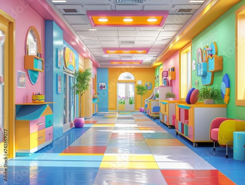 3D cartoon render of a pediatric ward filled with colorful hospital furniture and playful decorations photo