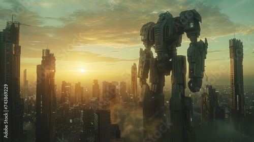 Futuristic cityscape with Gundam figures as towering monuments sunrise illuminating steel