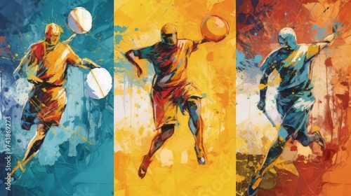 A vibrant painting depicting three jovial men engaged in a spirited game of ball, their laughter echoing in the playful atmosphere photo