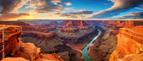 Beautiful landscape views of the Grand Canyon National Park with hills, rivers and the golden light of sunset created with Generative AI Technology