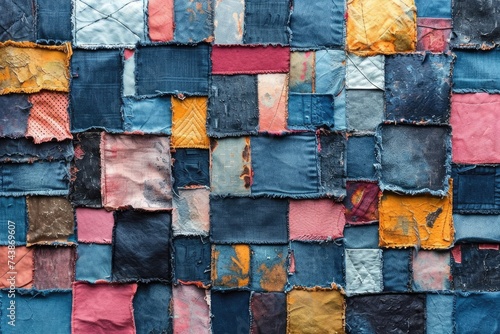 A detailed close up of a multi colored patchwork wall made up of various fabrics stitched together in a mosaic pattern