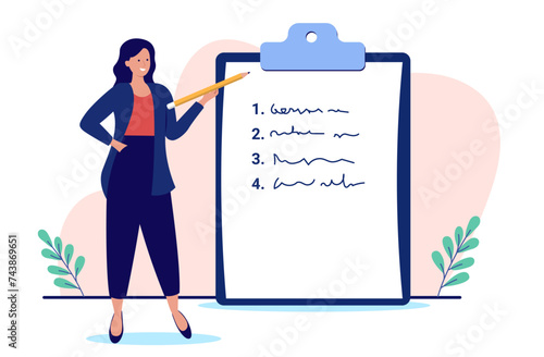 Businesswoman with clipboard - Business person standing with pencil taking notes and making list on white paper. Professional woman concept in flat design vector illustration with white background