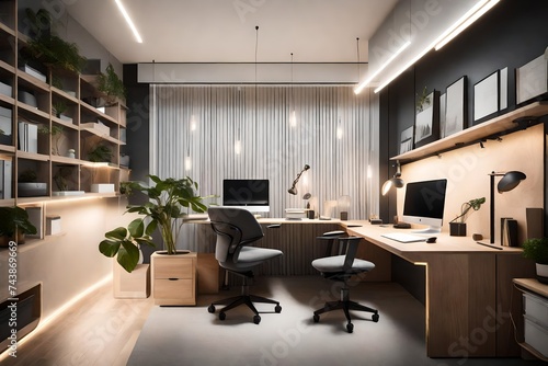 A sleek workspace featuring a clutter-free desk, ergonomic furniture, and ambient lighting, epitomizing minimalist office design.