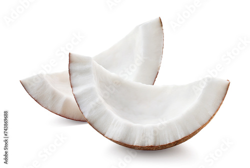 Two fresh ripe coconut pieces on white background