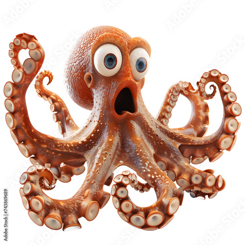 Surprised octopus with wide eyes, raised eyebrows, and flailing tentacles.