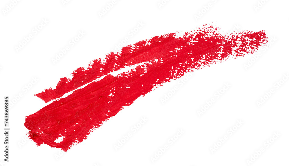 Red lipstick smear smudge isolated. Red color brush stroke. Makeup red cream texture background, graphic element isolated on a transparent background - obrazy, fototapety, plakaty 