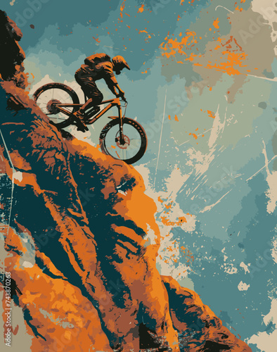Silhouetted Mountain Biker on Rocky Terrain with Grunge Texture

