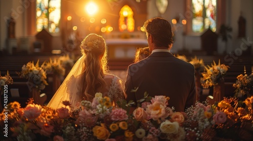 Wedding Ceremony in Church. Bridal couple at the altar with floral decorations, illuminated by warm sunlight.