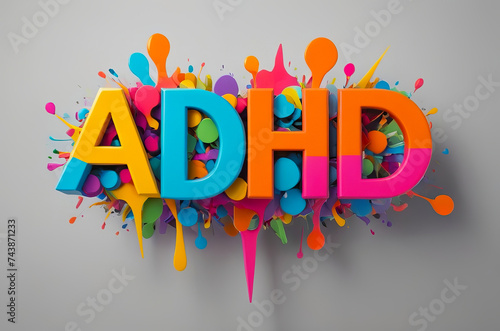 Illustrated colorful ADHD as abbreviation of Attention deficit hyperactivity disorder over solid background