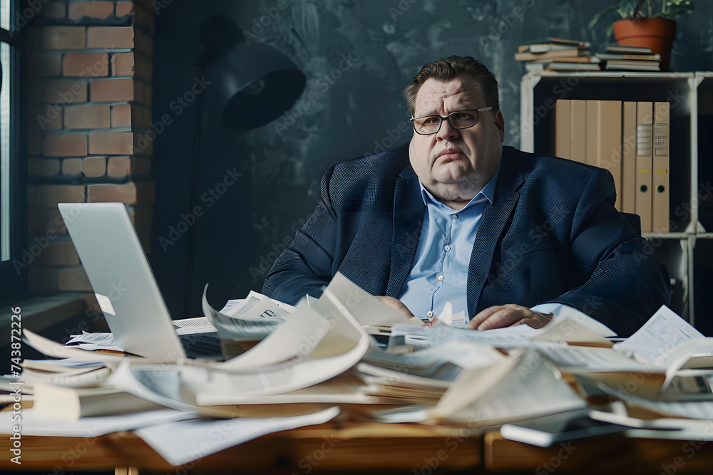 big size business man, fat man note and check on financial paper at working table.