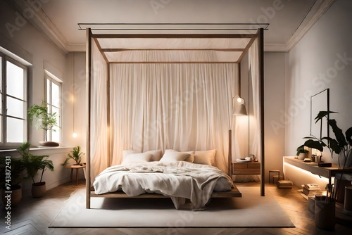 A serene, minimalist bedroom with a canopy bed, soft lighting, and a neutral color scheme