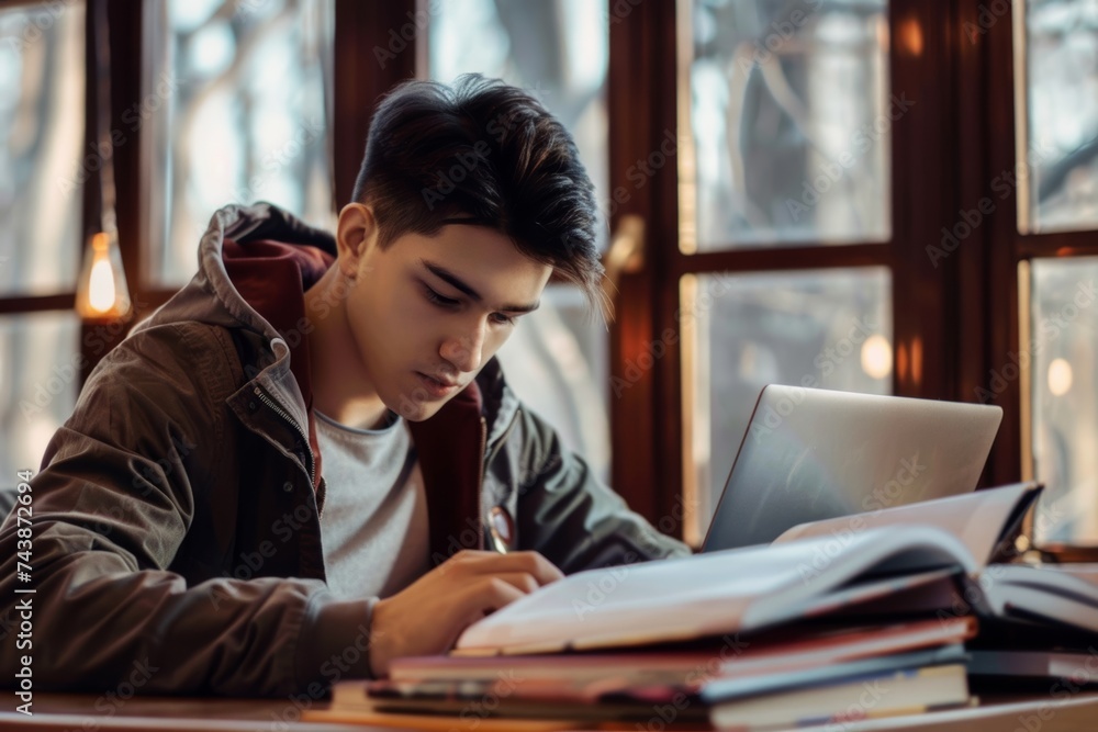 Man Studying at Desk With Laptop and Book. Generative AI Man Studying at Desk With Laptop and Book. Generative AI