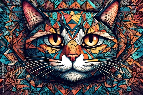 a face of a cat with intricate and colorful scared geometry design detailed eyes