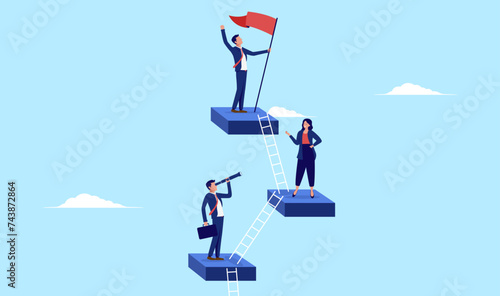 Career climbing development - Business people climbing ladder upwards to the top in corporate company. Steps to achieve goal and success concept in flat design vector illustration