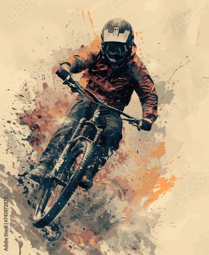 Dynamic Mountain Biker in Action with Abstract Color Splashes
