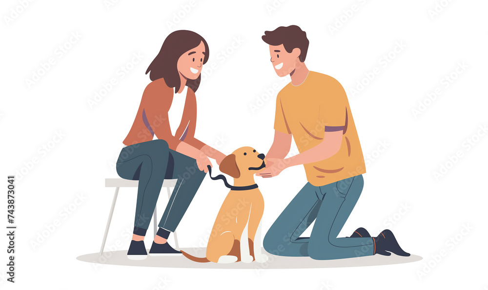 Young couple adopts a dog. White background. Flat illustration for animal shelters Young couple adopts a dog. White background. Flat illustration for animal shelters