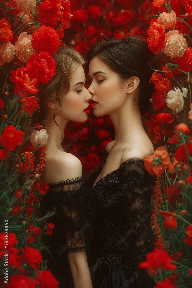 Two women embrace in a passionate kiss amidst a vibrant field of blooming flowers, their love radiating against the colorful backdrop Two women embrace in a passionate kiss amidst a vibrant field of blooming flowers, their love radiating against the colorful backdrop