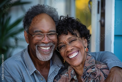 Casual portrait of a mature couple in coordinated outfits Sharing a moment of laughter and companionship Showcasing the joy and comfort found in long-standing relationships