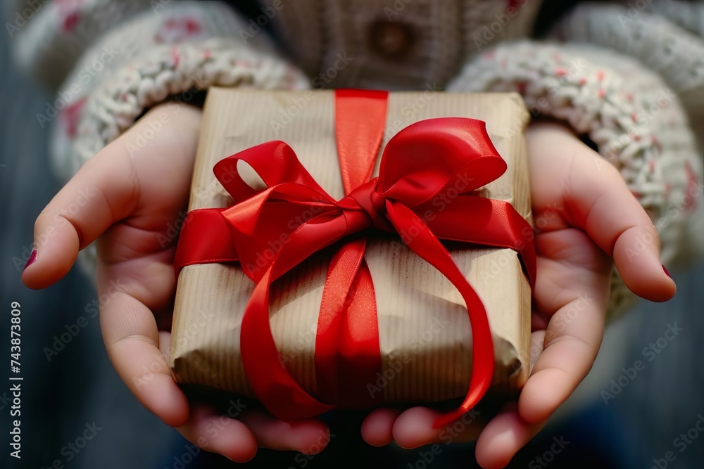Child joyfully presenting a gift box with a red ribbon Embodying the spirit of giving and celebration on festive occasions Child joyfully presenting a gift box with a red ribbon Embodying the spirit of giving and celebration on festive occasions