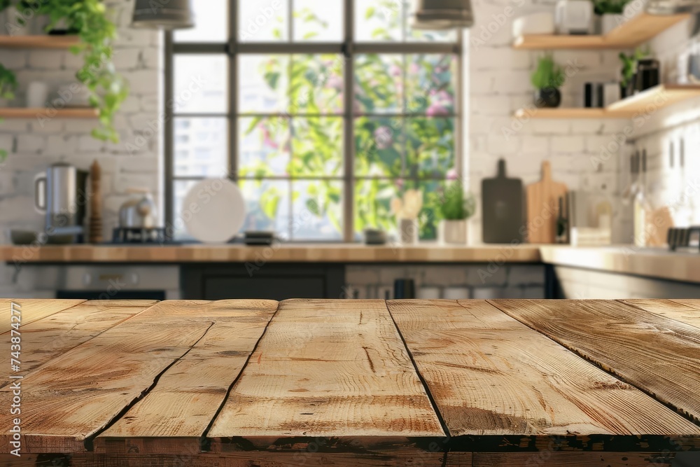 Contemporary kitchen scene with a stylish wooden table and blurred background Contemporary kitchen scene with a stylish wooden table and blurred background