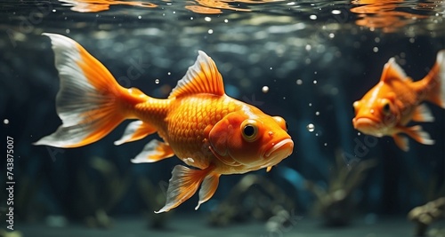 Animate a sequence of a goldfish gliding through a pond, with ultra-realistic attention to its fluid movements, the distortion of water around its body, and the vibrant reflections -Ai Generative