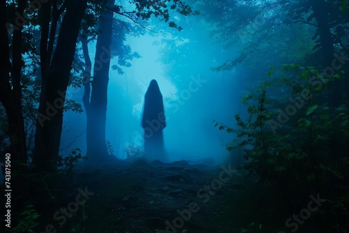 Eerie apparition of a spectral figure Faintly visible in the mist of a haunted forest at twilight Creating a chilling and mysterious atmosphere