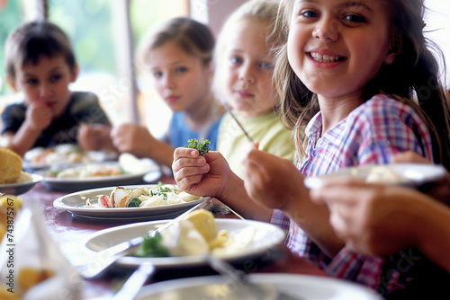 Group of children happily eating healthy vegetables at a school cafeteria, promoting good nutrition.

