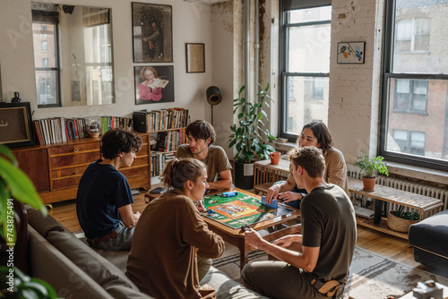 Candid shot of a Gen Z group engrossed in a board game, seated on the floor of a well-lit apartment, embodying leisure and camaraderie.

