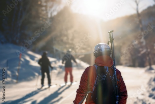 A skier carrying equipment faces a radiant sunrise on a snowy mountain, with fellow enthusiasts in the background.